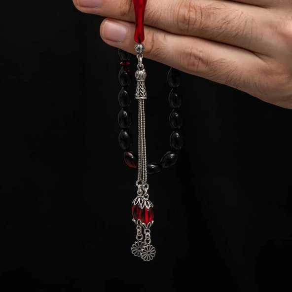 Gümüş Püskül Sıkma Kehribar Tesbih  SL7420 - 4