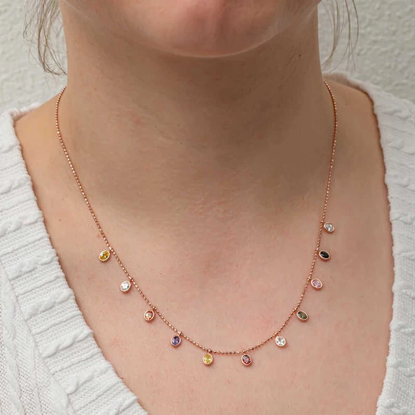 Gümüş Renkli Oval Taşlı Şans Kadın Kolye SL8238 - Resim 3