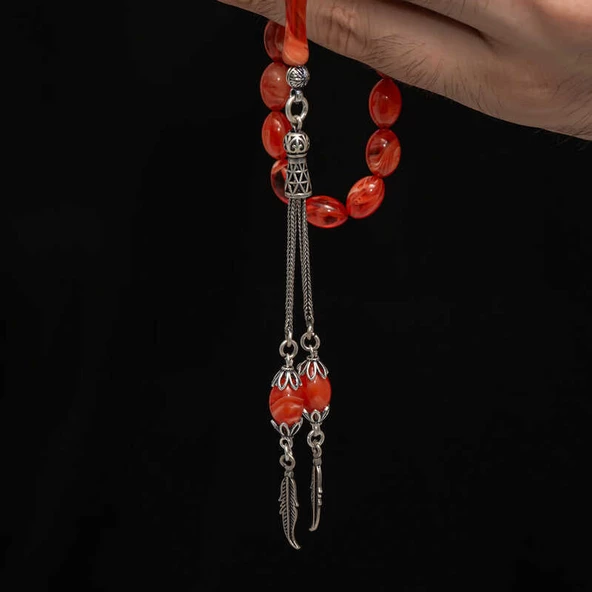 Gümüş Püskül Sıkma Kehribar Tesbih  SL7422 - Resim 3