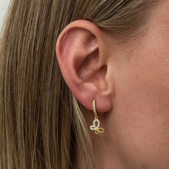 Gümüş Sallantılı Gold Kelebek Kadın Küpe SL8098 - Resim 2