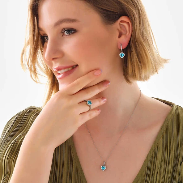 Gümüş Turkuaz Taşlı Kalpli Kadın Set SL6054 - Resim 2