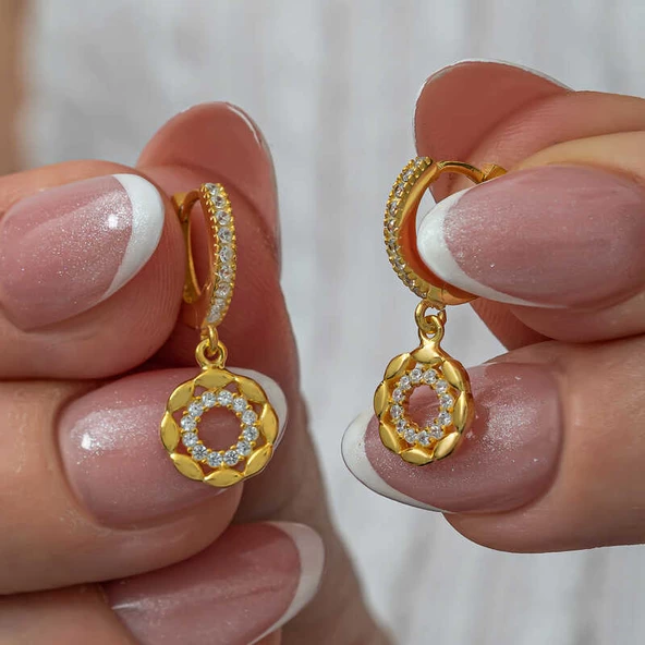 Gümüş Sallantılı Gold Halka Kadın Küpe SL8100 - Resim 2