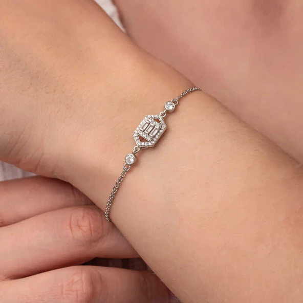 Gümüş Altıgen Baget Taşlı Kadın Bileklik SL8188 - Resim 6