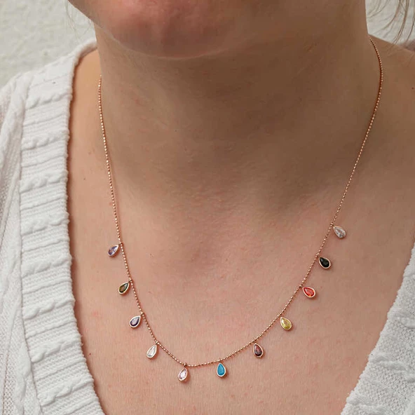 Gümüş Renkli Damla Taşlı Şans Kadın Kolye SL8193 - Resim 6