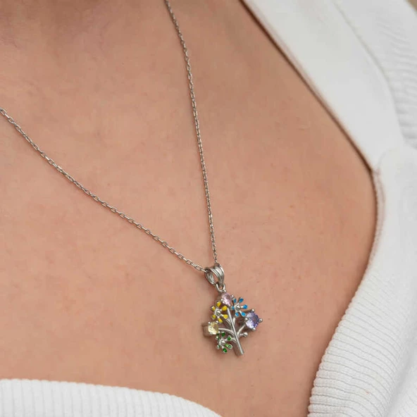 Gümüş Renkli Hayat Ağacı Kadın Kolye SL9134 - Resim 7