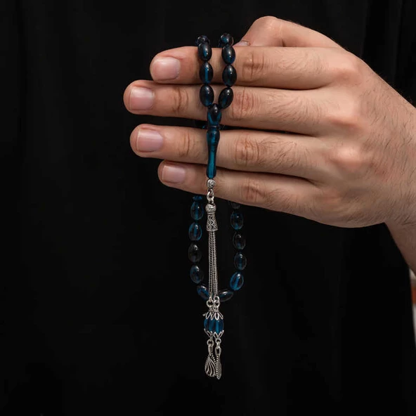 Gümüş Püskül Sıkma Kehribar Tesbih  SL7442 - Resim 3