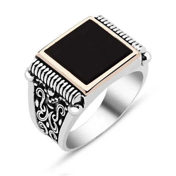 Gümüş Siyah Taşlı Erkek Yüzük  SL2433 - Resim 2