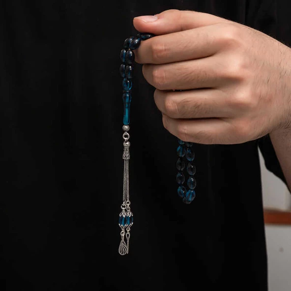 Gümüş Püskül Sıkma Kehribar Tesbih  SL7442 - Resim 2