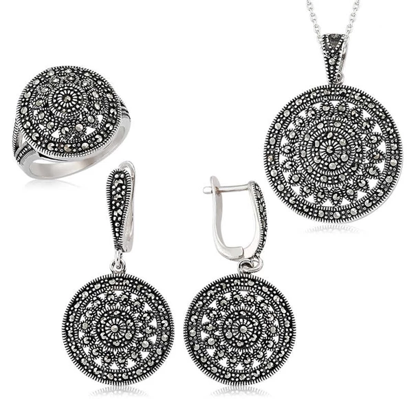 Gümüş Markazit Yuvarlak Bayan Set SL2249 - 1