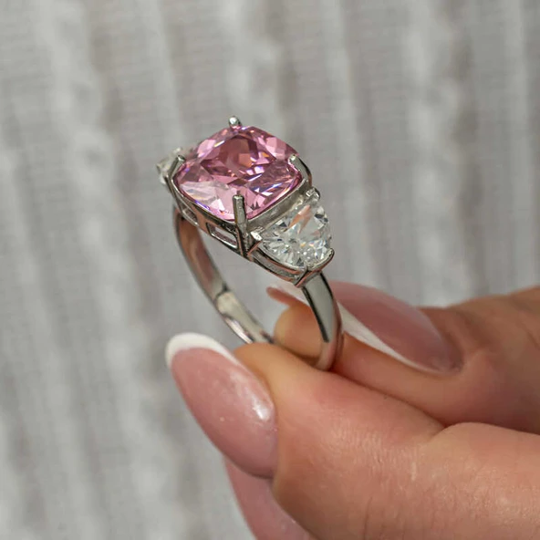 Gümüş Pembe Zirkon Taşlı Kadın Yüzük T8914 SL8254 - Resim 9