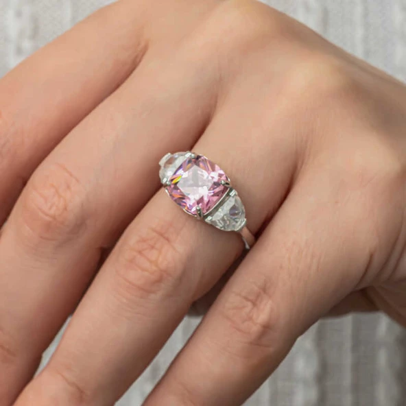 Gümüş Pembe Zirkon Taşlı Kadın Yüzük T8914 SL8254 - Resim 12