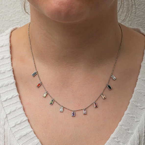 Gümüş Renkli Taşlı Şans Kadın Kolye SL8192 - Resim 4