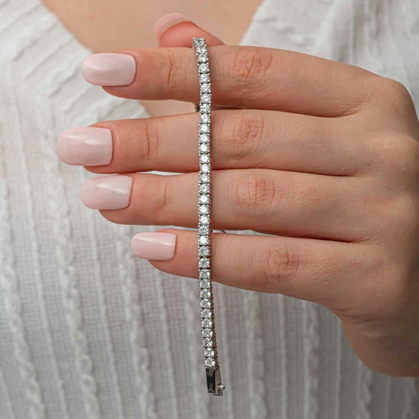 Gümüş 3.5 mm Beyaz Taşlı Su Yolu Kadın Bileklik SL8716 - Resim 10