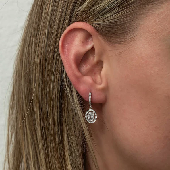 Gümüş Oval Taşlı Sallantılı Küpe SL7990 - Resim 2