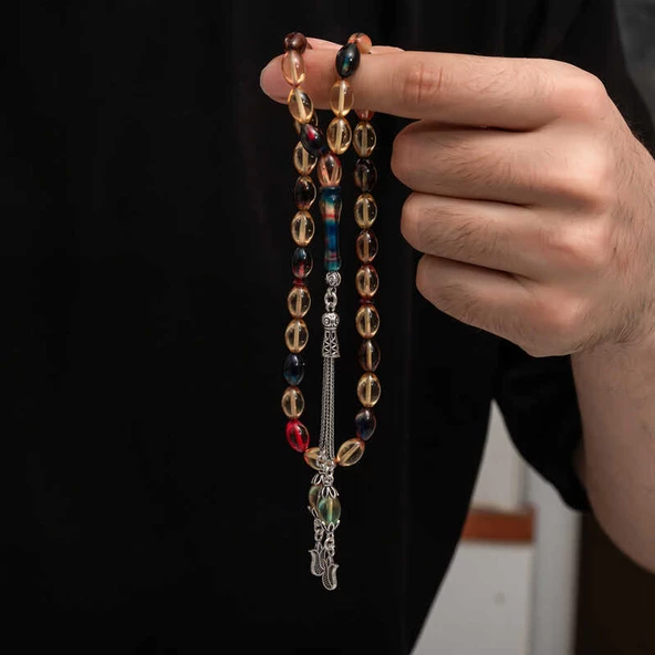 Gümüş Püskül Sıkma Kehribar Tesbih  SL7438 ürün görseli