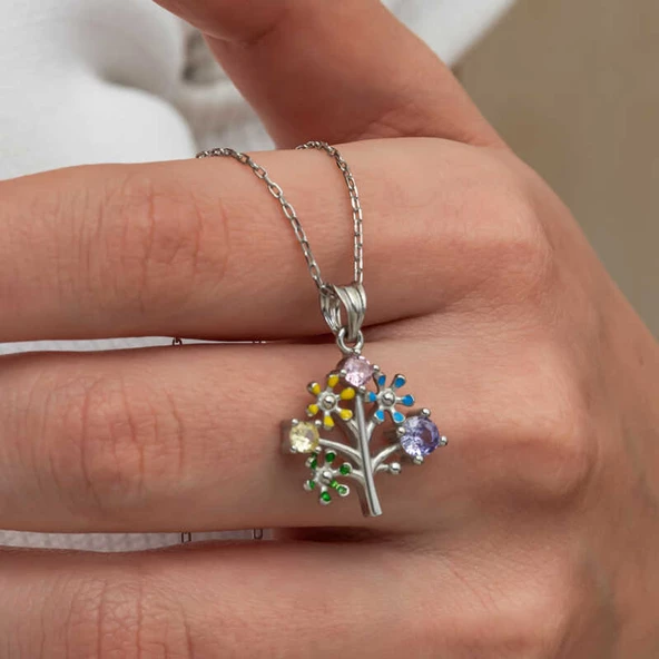 Gümüş Renkli Hayat Ağacı Kadın Kolye SL9134 - Resim 8
