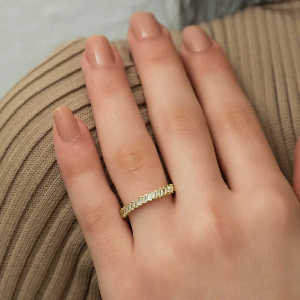 ​​Gümüş Gold Sıralı Baget Taşlı Bayan Yüzük SL2410 - Resim 5