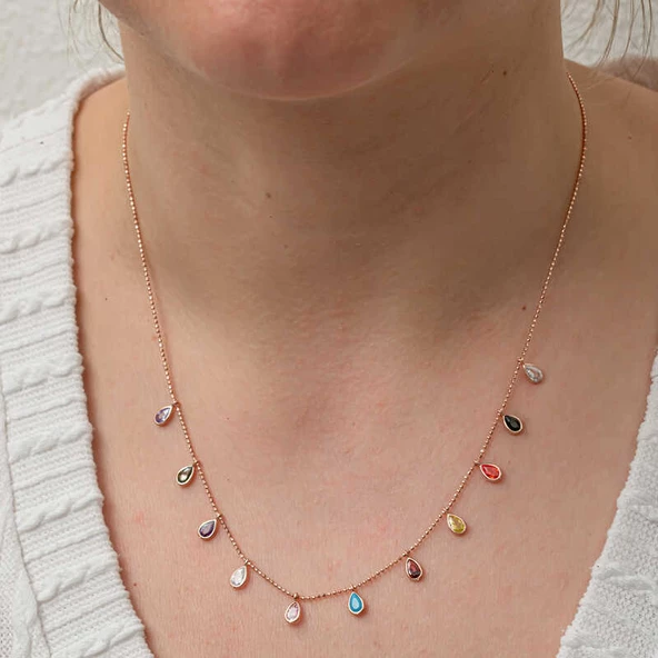 Gümüş Renkli Damla Taşlı Şans Kadın Kolye SL8193 - Resim 4