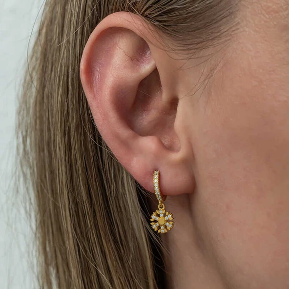 Gümüş Sallantılı Gold Kar Tanesi Kadın Küpe SL8256 - Resim 3