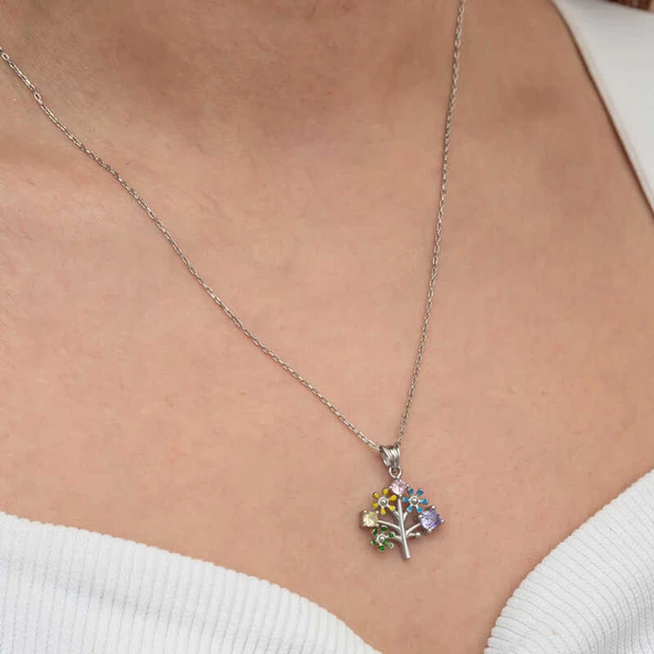 Gümüş Renkli Hayat Ağacı Kadın Kolye SL9134 - Resim 6