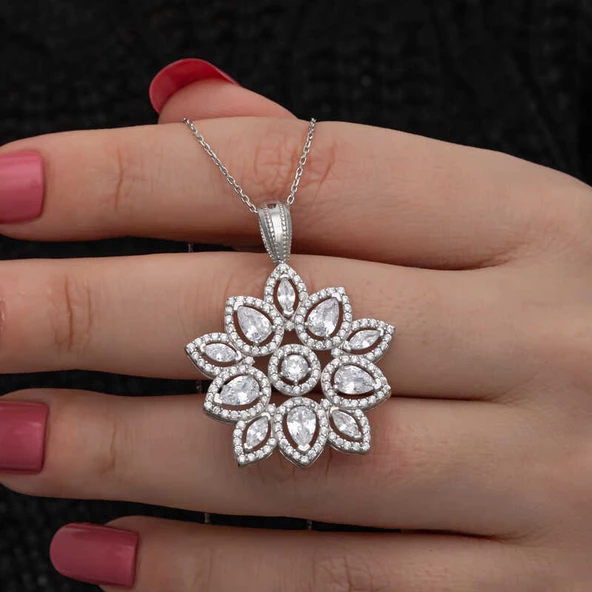 Gümüş Zirkon Taşlı Çiçek Kadın Set  SL7132 - Resim 10