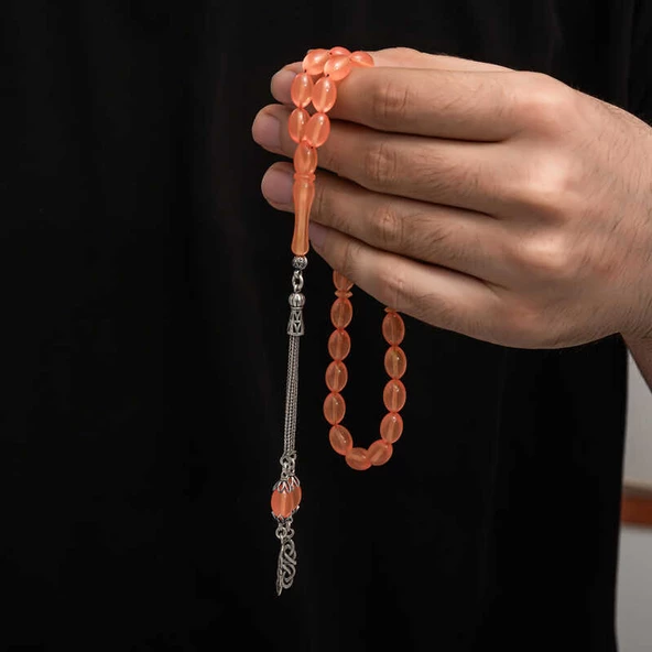 Gümüş Püskül Sıkma Kehribar Tesbih  SL7433