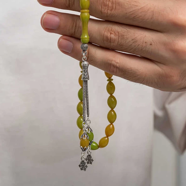 Gümüş Püsküllü Sıkma Kehribar Tesbih T8907 SL8245 - Resim 5