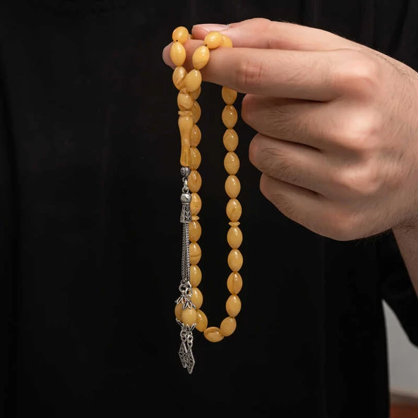 Gümüş Püskül Sıkma Kehribar Tesbih  SL7425 - Resim 4