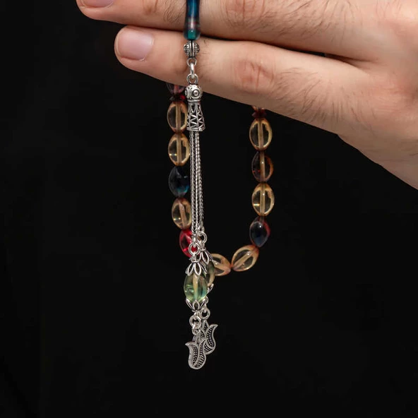 Gümüş Püskül Sıkma Kehribar Tesbih  SL7438 - Resim 4