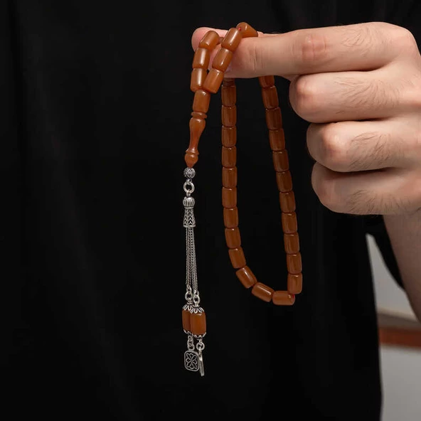 Gümüş Püskül Sıkma Kehribar Tesbih  SL7428 - 4