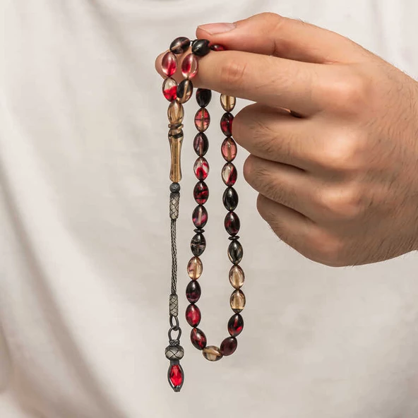 Gümüş 1000 Ayar Kazaz Püsküllü Sıkma Kehribar Tesbih T8890 SL8182 - Resim 4