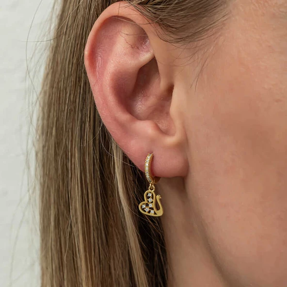 Gümüş Sallantılı Gold Kuğu Kadın Küpe SL8110 - Resim 4