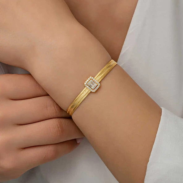 Gümüş Gold Baget Taşlı Trabzon Hasır Kadın Bileklik - Resim 8