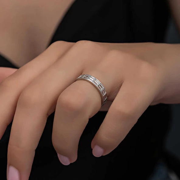 Gümüş Sıralı Baget Taşlı Kadın Yüzük  SL6255 - Resim 6