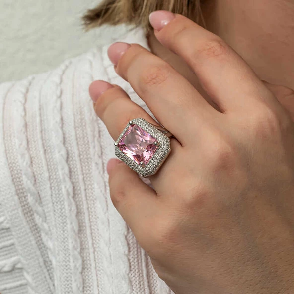 Gümüş Pembe Zirkon Taşlı Kadın Yüzük SL8250 - Resim 6