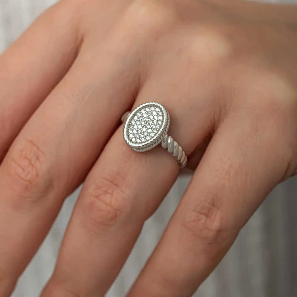 Gümüş Oval Zirkon Taşlı Kadın Yüzük SL8178 - Resim 11