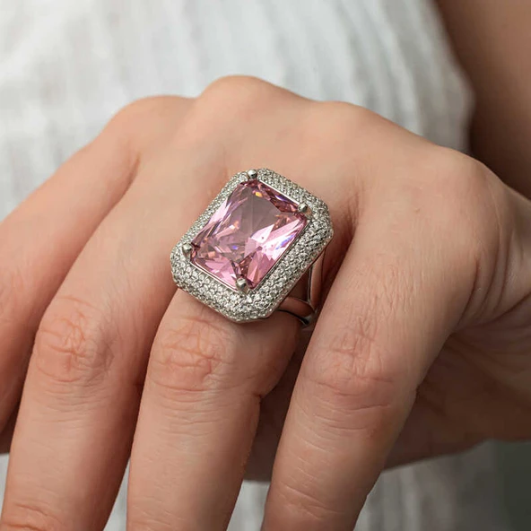 Gümüş Pembe Zirkon Taşlı Kadın Yüzük SL8250 - Resim 10
