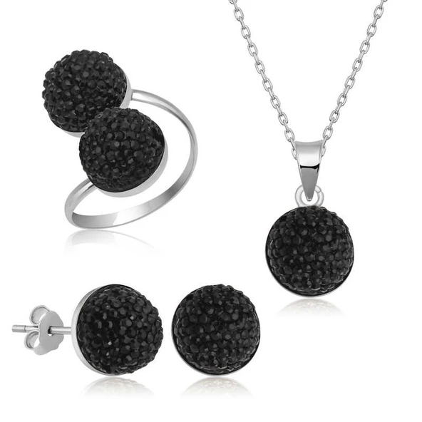 Gümüş Siyah Kristal Kadın Set SL4639 - 1
