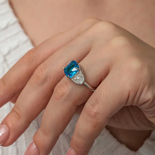 Gümüş Mavi Zirkon Taşlı Kadın Yüzük T8913 SL8253 - Resim 7