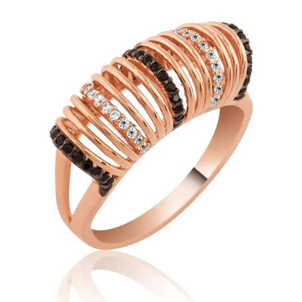 Gümüş Rose Siyah Beyaz Taşlı Bayan Yüzük  SL2696 - Resim 2