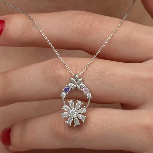 Gümüş Beyaz Dönen Çiçek Kadın Kolye SL9238 ürün görseli