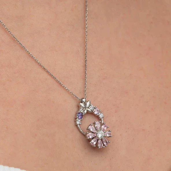 Gümüş Pembe Dönen Çiçek Kadın Kolye SL9239 - Resim 7