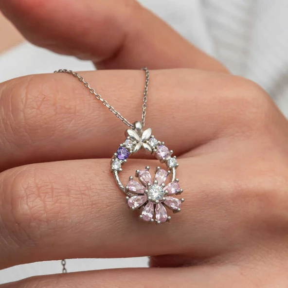 Gümüş Pembe Dönen Çiçek Kadın Kolye SL9239