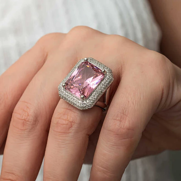 Gümüş Pembe Zirkon Taşlı Kadın Yüzük SL8250 - Resim 4