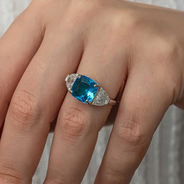 Gümüş Mavi Zirkon Taşlı Kadın Yüzük T8913 SL8253 - Resim 5