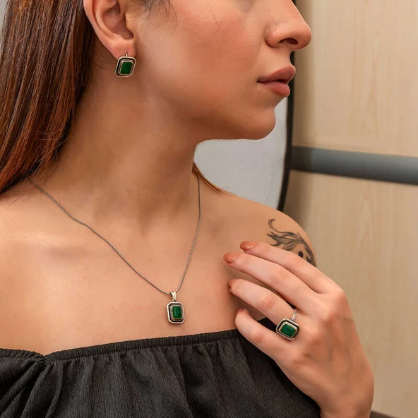 Gümüş Yeşil Taşlı Otantik Kadın Set SL9641 - Resim 4