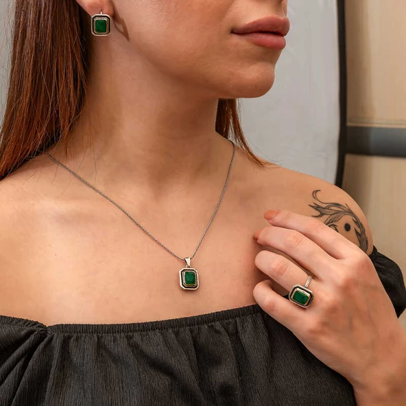 Gümüş Yeşil Taşlı Otantik Kadın Set SL9641