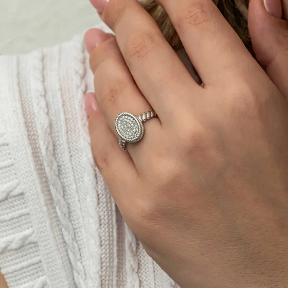 Gümüş Oval Zirkon Taşlı Kadın Yüzük SL8178 - Resim 6