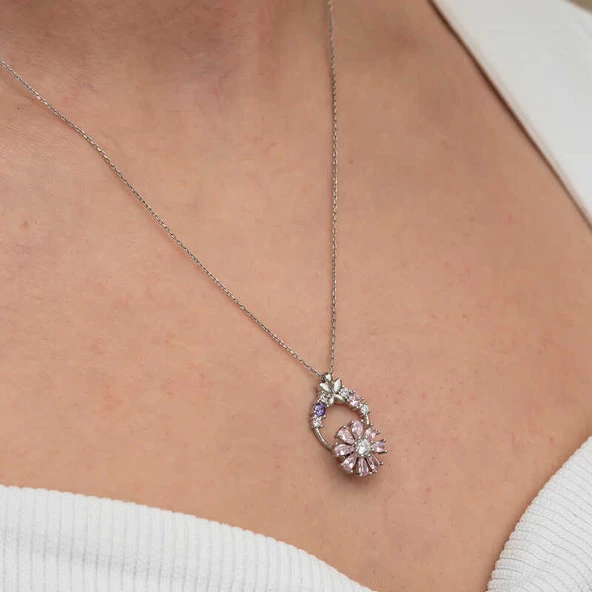 Gümüş Pembe Dönen Çiçek Kadın Kolye SL9239 - Resim 8