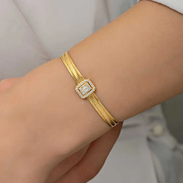 Gümüş Gold Baget Taşlı Trabzon Hasır Kadın Bileklik - Resim 5